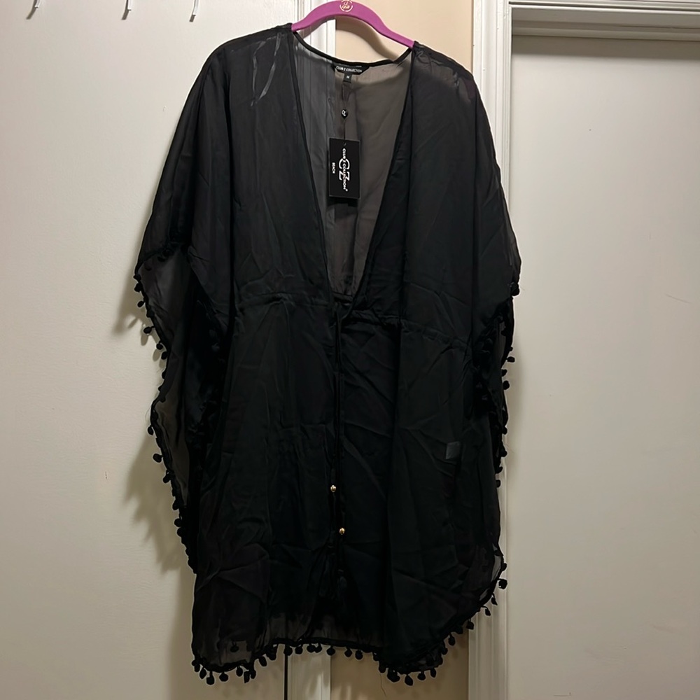 BNWT Club Z Collection Black Pom Pom swimsuit Cover up Size 1X